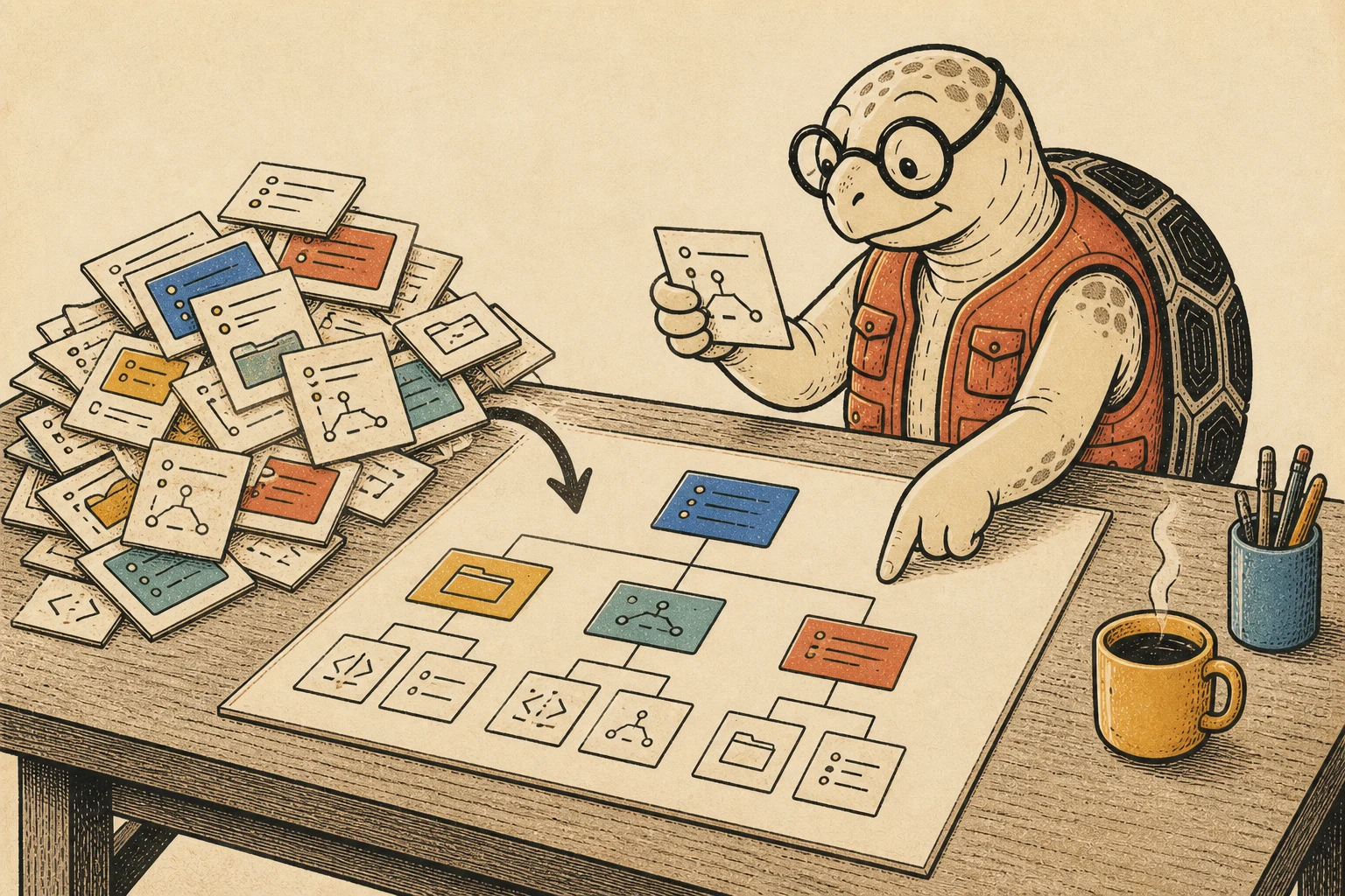 A bespectacled turtle turns scattered repository cards into one structural map.