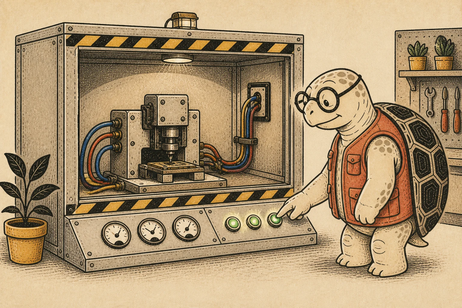 The turtle monitors a task running inside a contained, metered chamber.