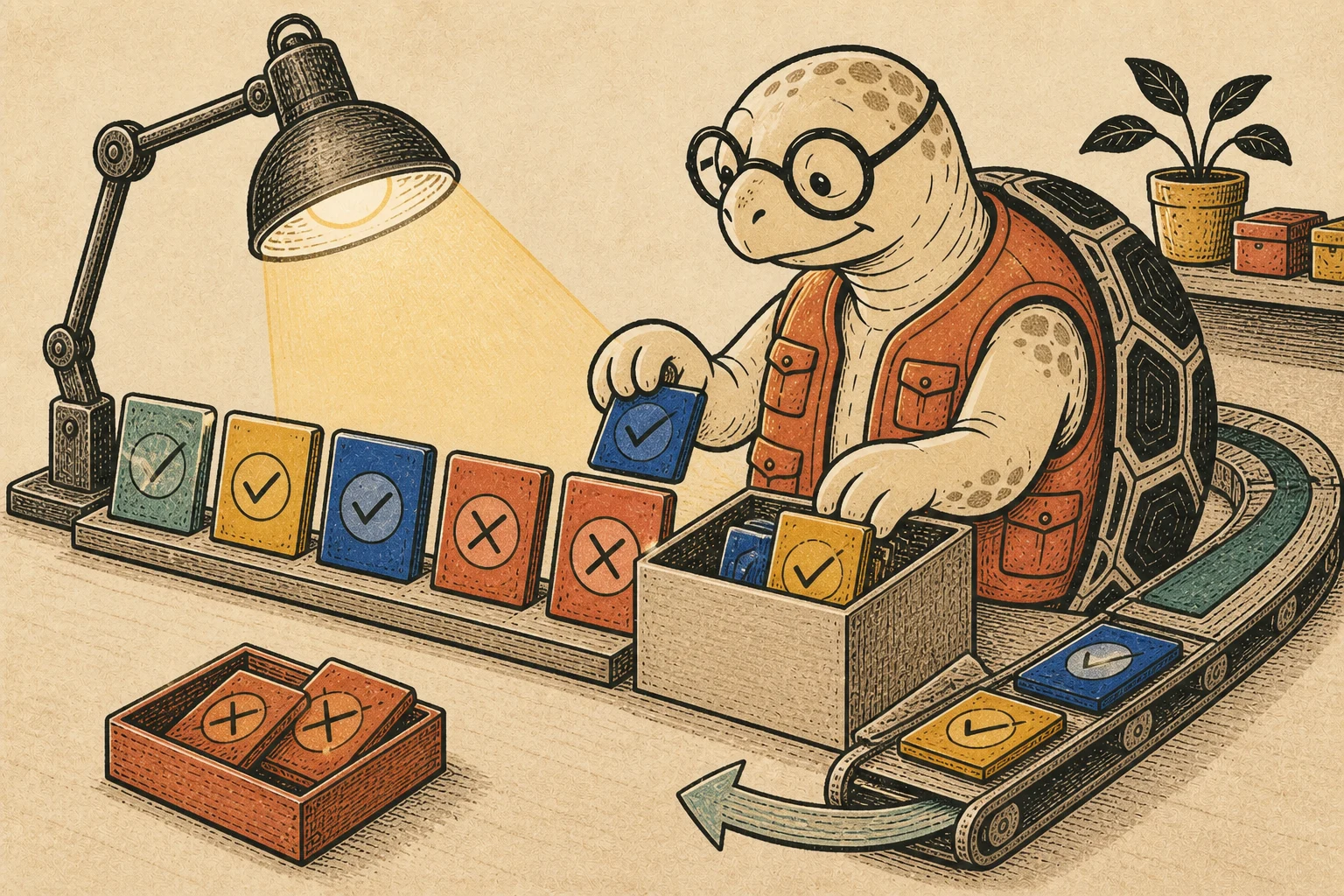 The turtle archives verified results and returns them to the next work cycle.
