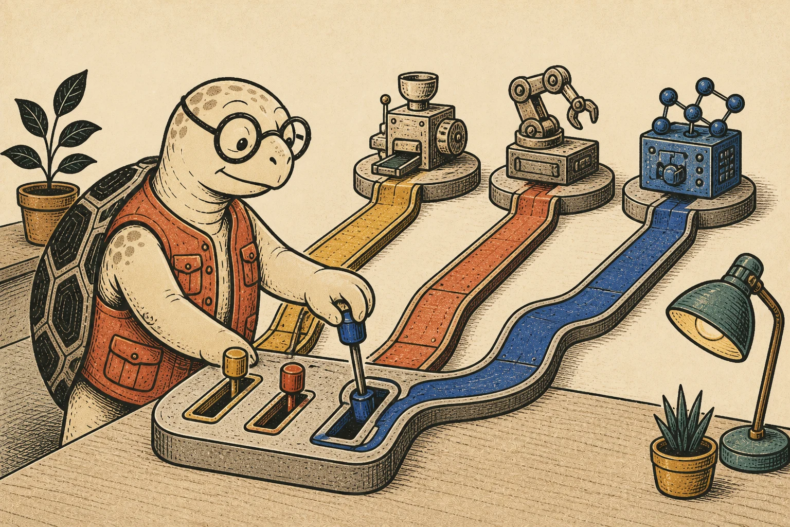 The turtle selects one of three model and strategy routes.
