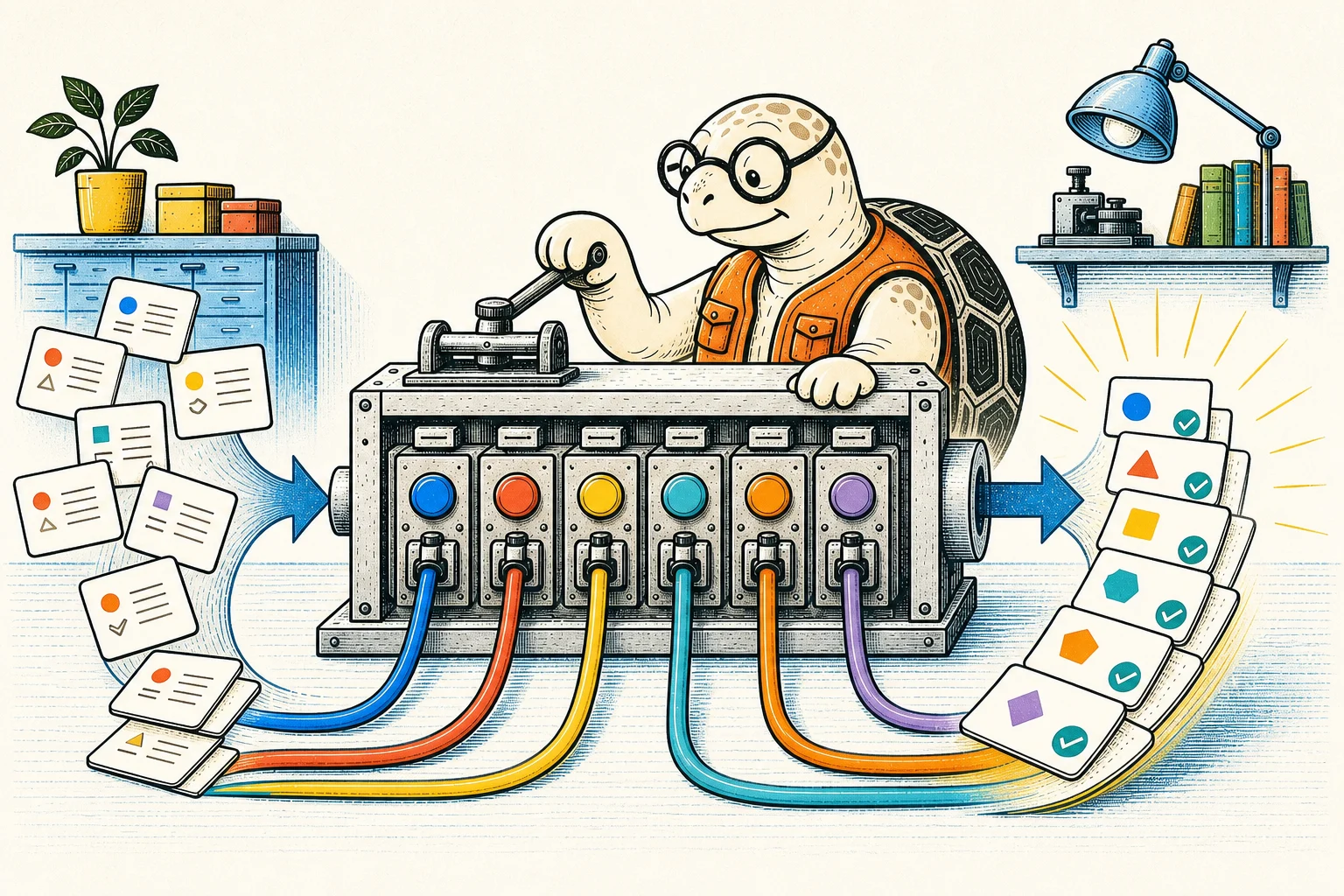 An inked turtle engineer turns repository task cards into verified result cards through a six-channel harness machine.
